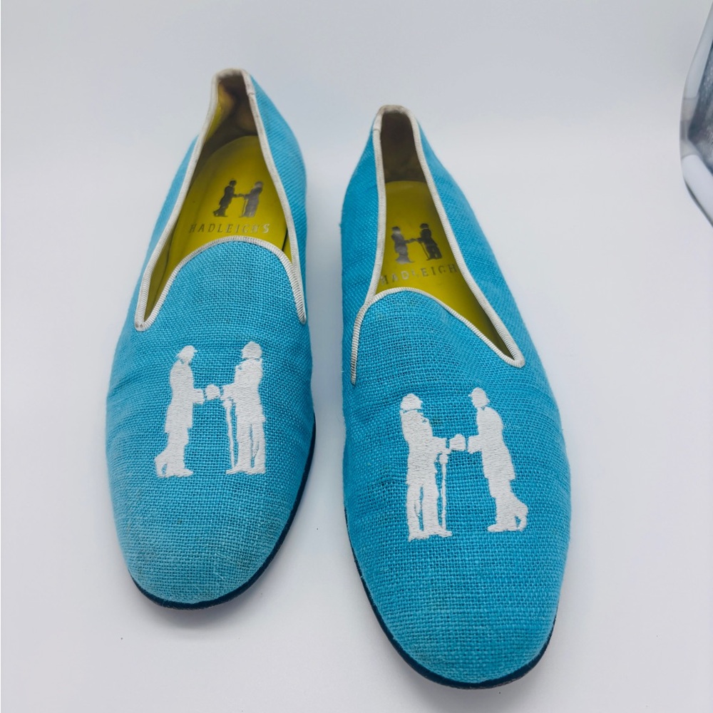 Hadleigh’s women’s slip-on smoking slipper‎ loafers in turquoise/blue linen 39